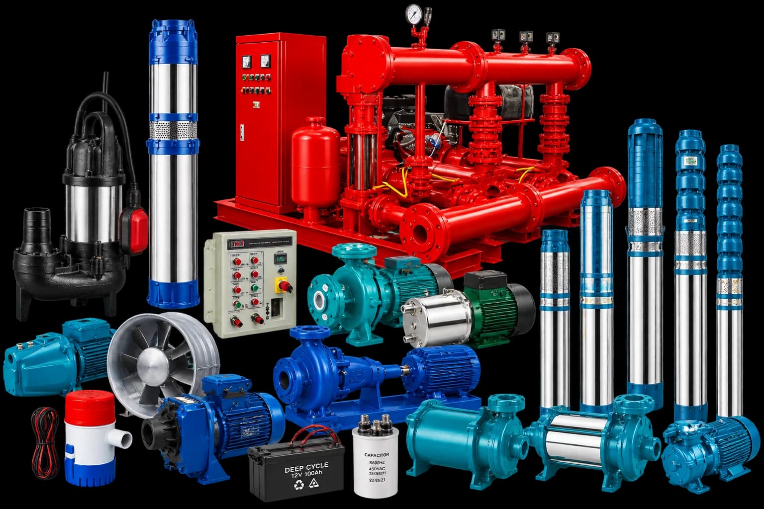 A range of pumping machines: submersible borehole pumps, a fire hydrant pump set, centrifugal pumps, electric motors, control panels and accessories