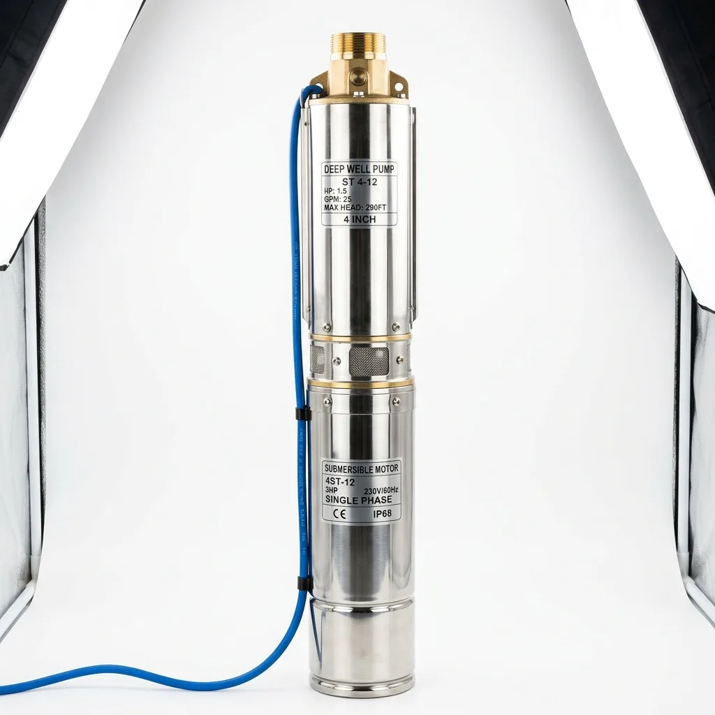 Four inch stainless steel submersible pump with polished body and cable guard