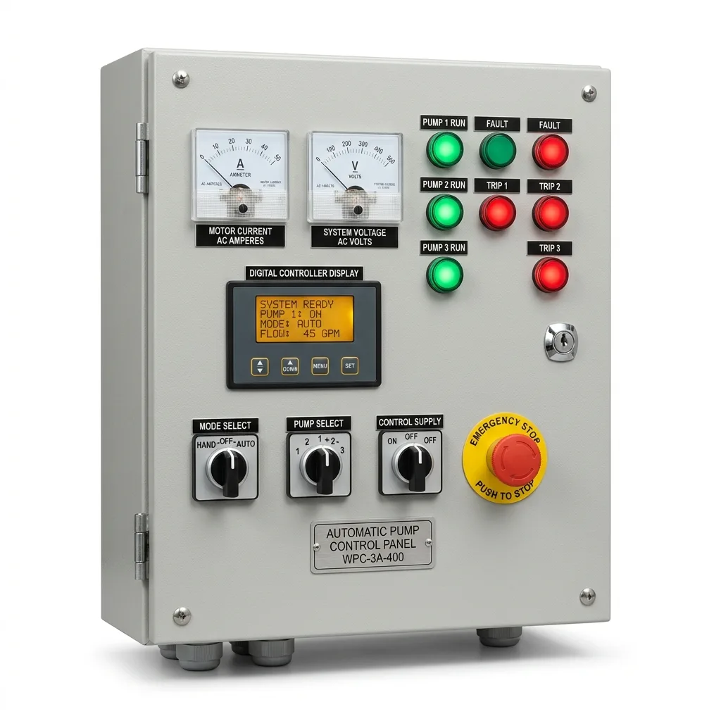 Automatic pump control panel with indicator lamps and selector switches