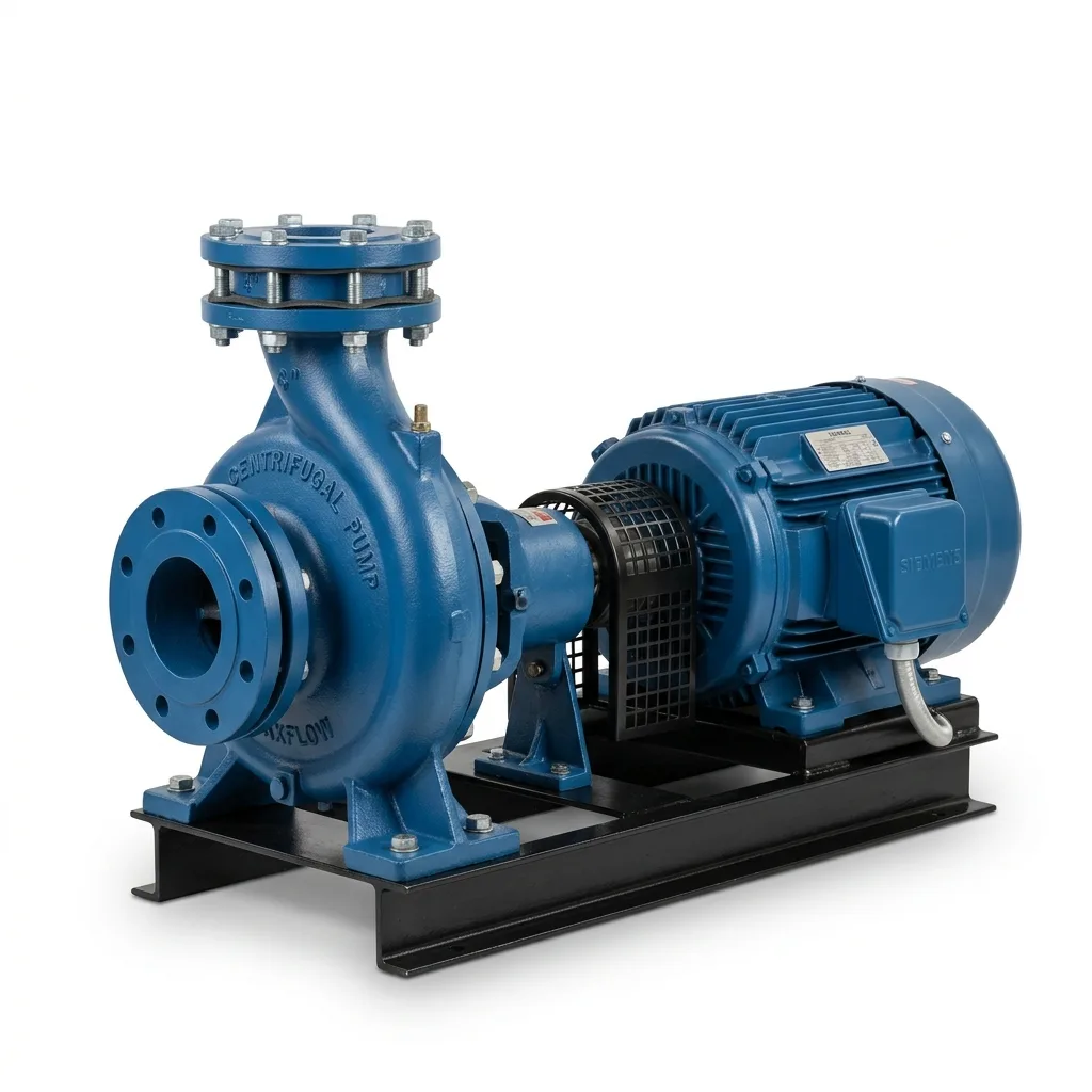 Blue end-suction centrifugal pump with flanged suction and discharge, coupled to an electric motor on a steel baseplate