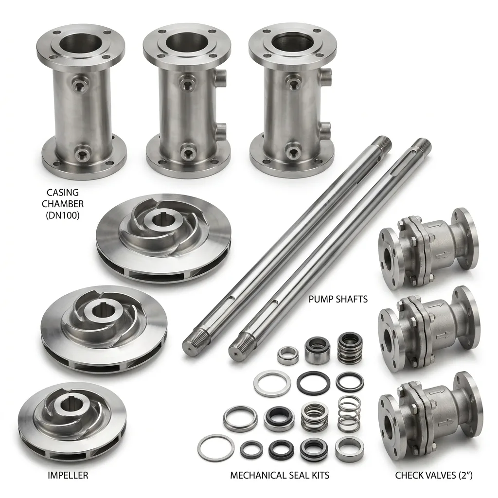 Assorted stainless steel pump fittings including couplings, adaptors and valve bodies