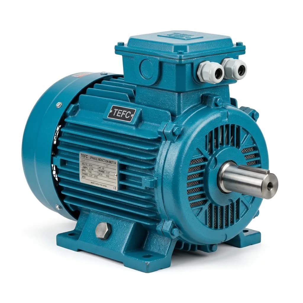 Three phase electric motor with cooling fins and terminal box
