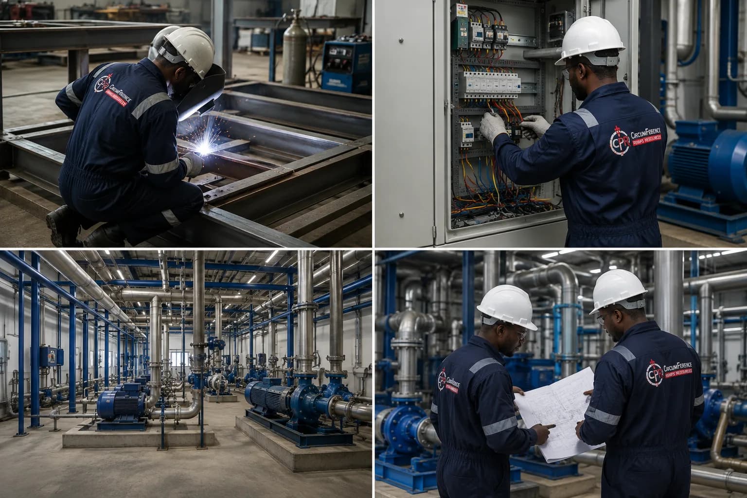 Four scenes of related engineering work: welding a steel baseplate, wiring a control panel, a completed plant room, and two engineers reading a drawing