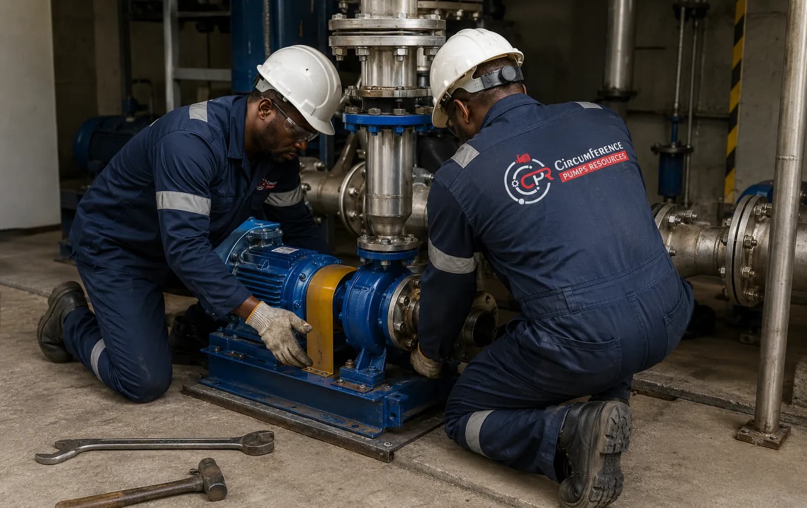 Two Circumference Pumps engineers installing a blue gear pump on its baseplate in a plant room