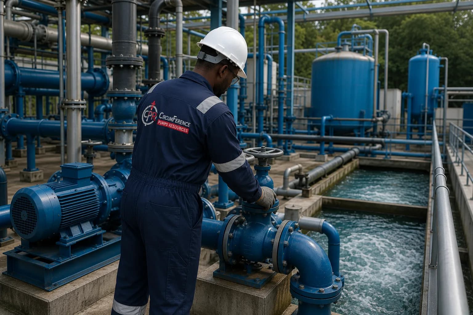 An engineer operating a valve at a water treatment plant, with pumps, filter tanks and an open channel behind