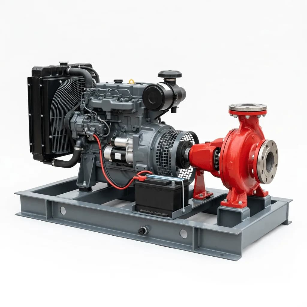 Diesel engine fire pump set on a steel skid, with radiator, starter battery and red end-suction pump