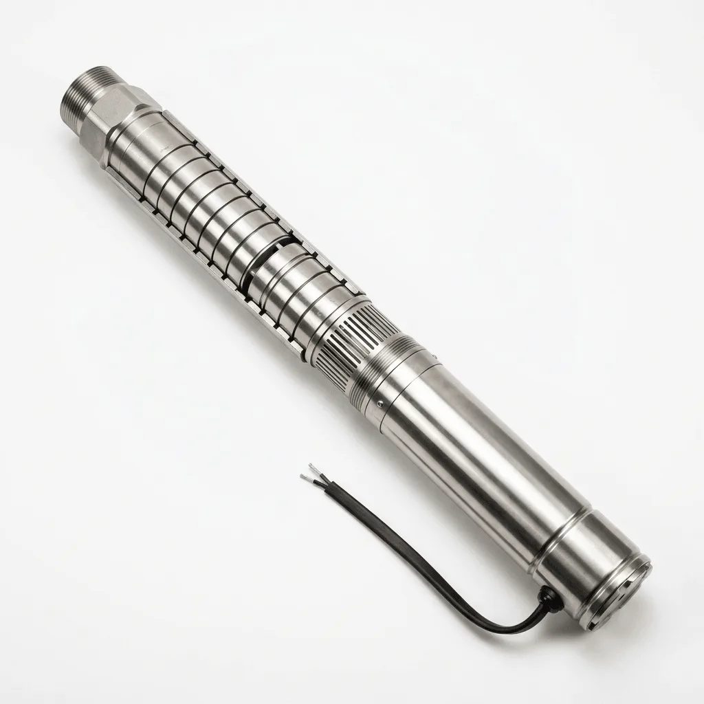 Stainless steel multistage deep well submersible pump with intake screen, submersible motor and power cable