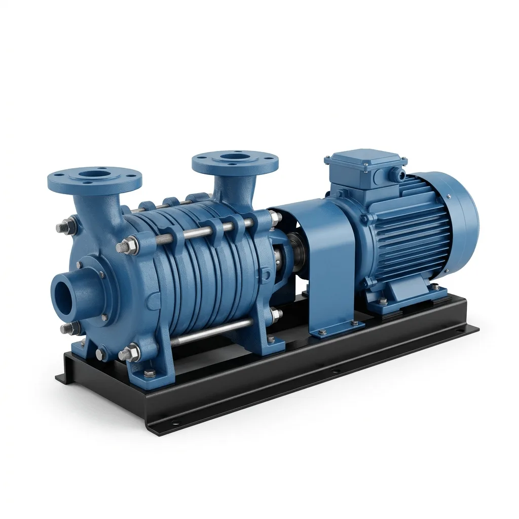 Horizontal multistage centrifugal pump with stacked cast-iron stage casings, coupled to an electric motor on a steel baseplate