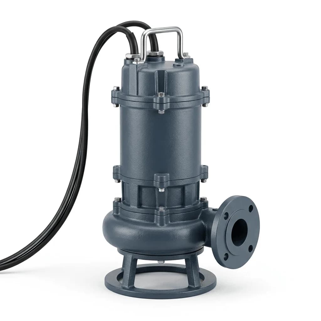Submersible non-clog sewage pump with lifting handle, top cable entry, flanged side discharge and ring stand