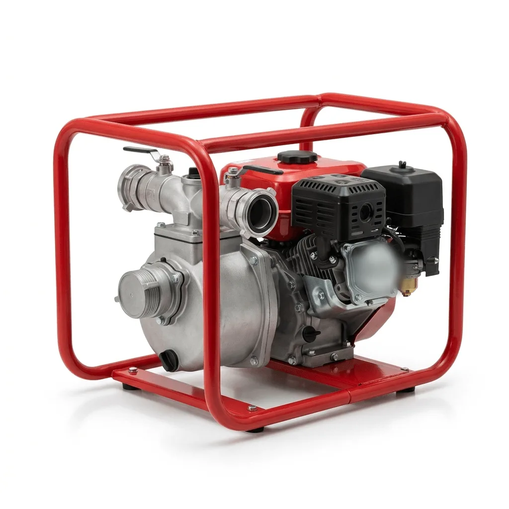 Portable fire fighting pump with a petrol engine, red tubular carrying frame and valved hose outlets